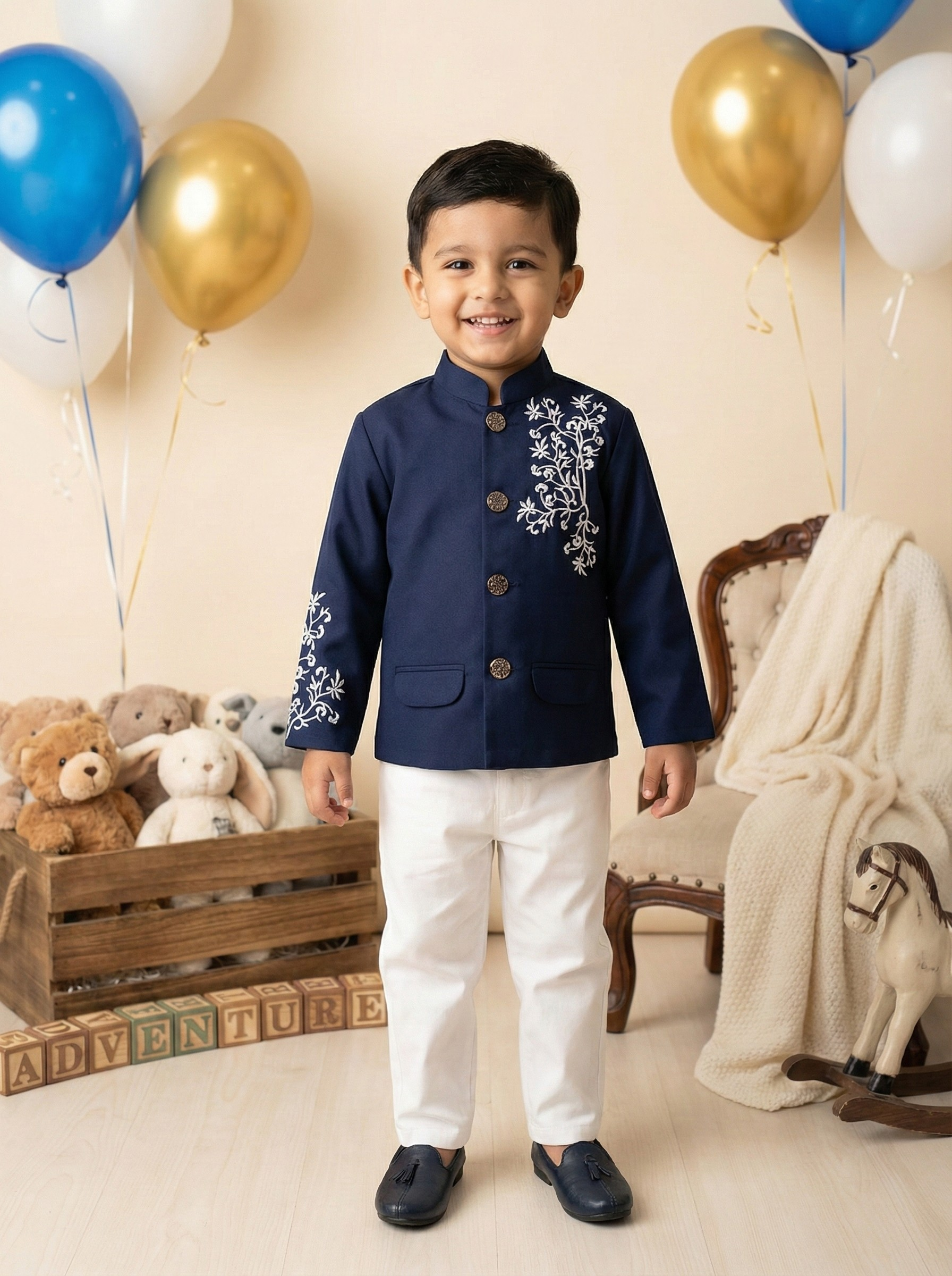 Navy Blue Prince coat & White Pant Set